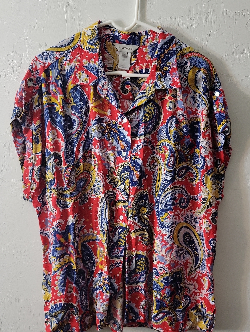 Multiples Red Paisley Button-Down Shirt with Navy & Yellow Accents